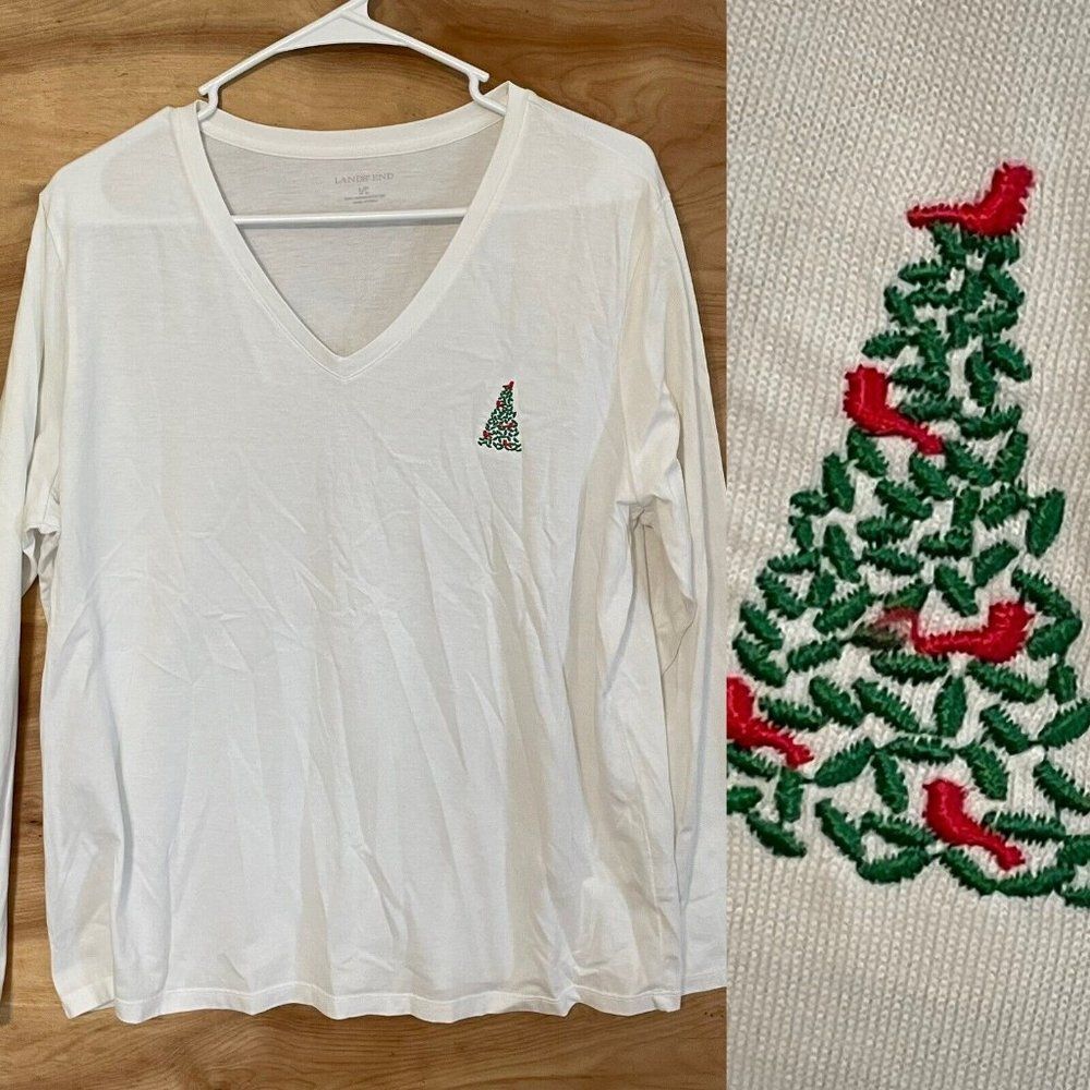 Lands end womans large long sleeve embroidered Christmas tree Cardinal T-shirt
